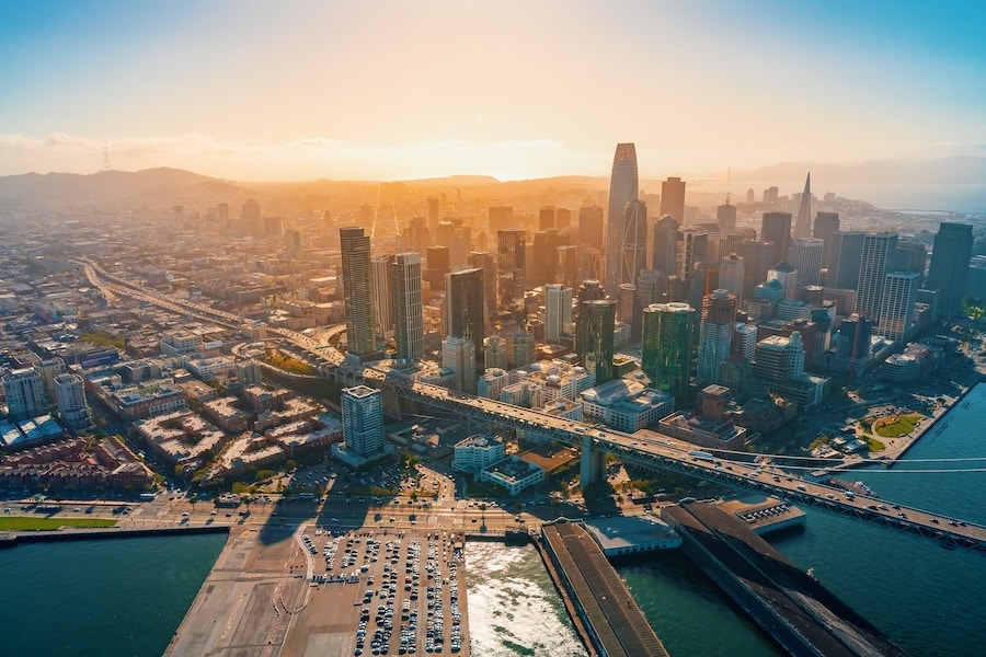 Downtown San Francisco aerial view of skyscrapers