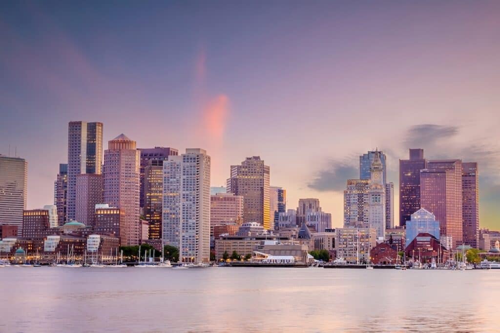 Cityscape of Boston skyline panorama at sunset in Massachusetts, United States of America